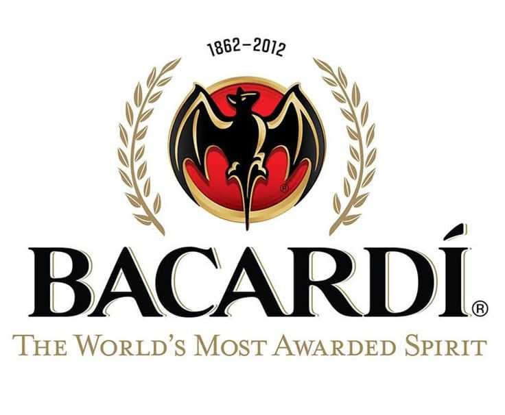 Bacardi logo with bat symbol, laurel leaves, and text "The World's Most Awarded Spirit".