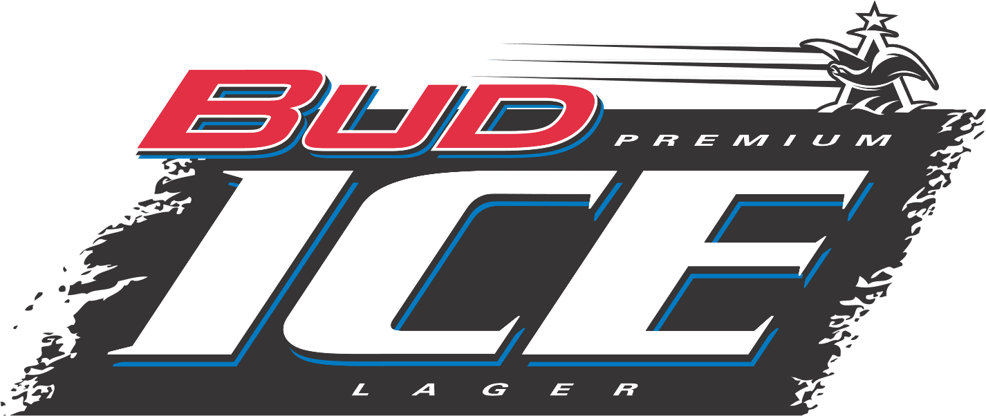 Logo for Bud Ice Premium Lager beer with red, green, and black text.