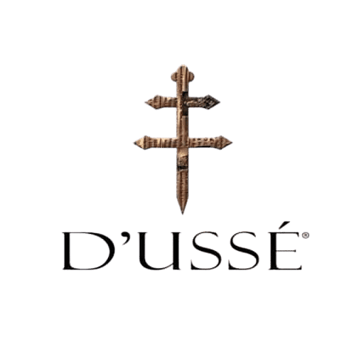 Gold fleur-de-lis cross above "D'USSÉ" logo on a transparent background.
