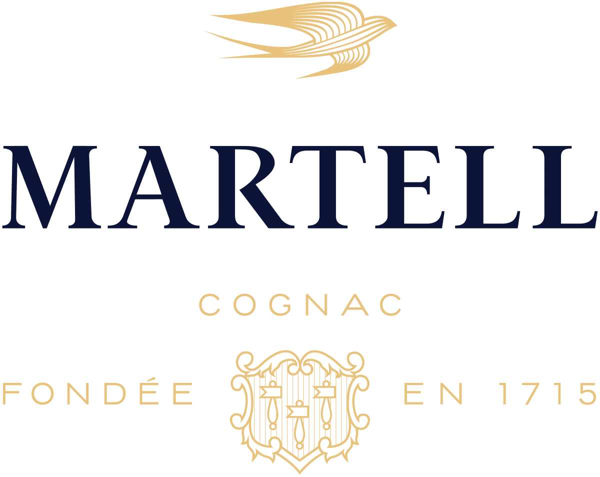 Martell Cognac logo with golden bird and emblem, founded in 1715.