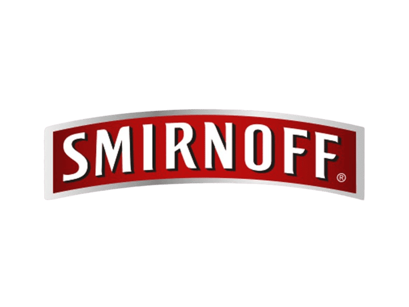 Smirnoff logo with white text on a red curved background.