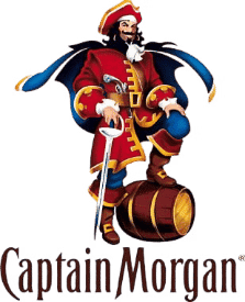 Pirate in red attire poses with a barrel; Captain Morgan logo beneath.